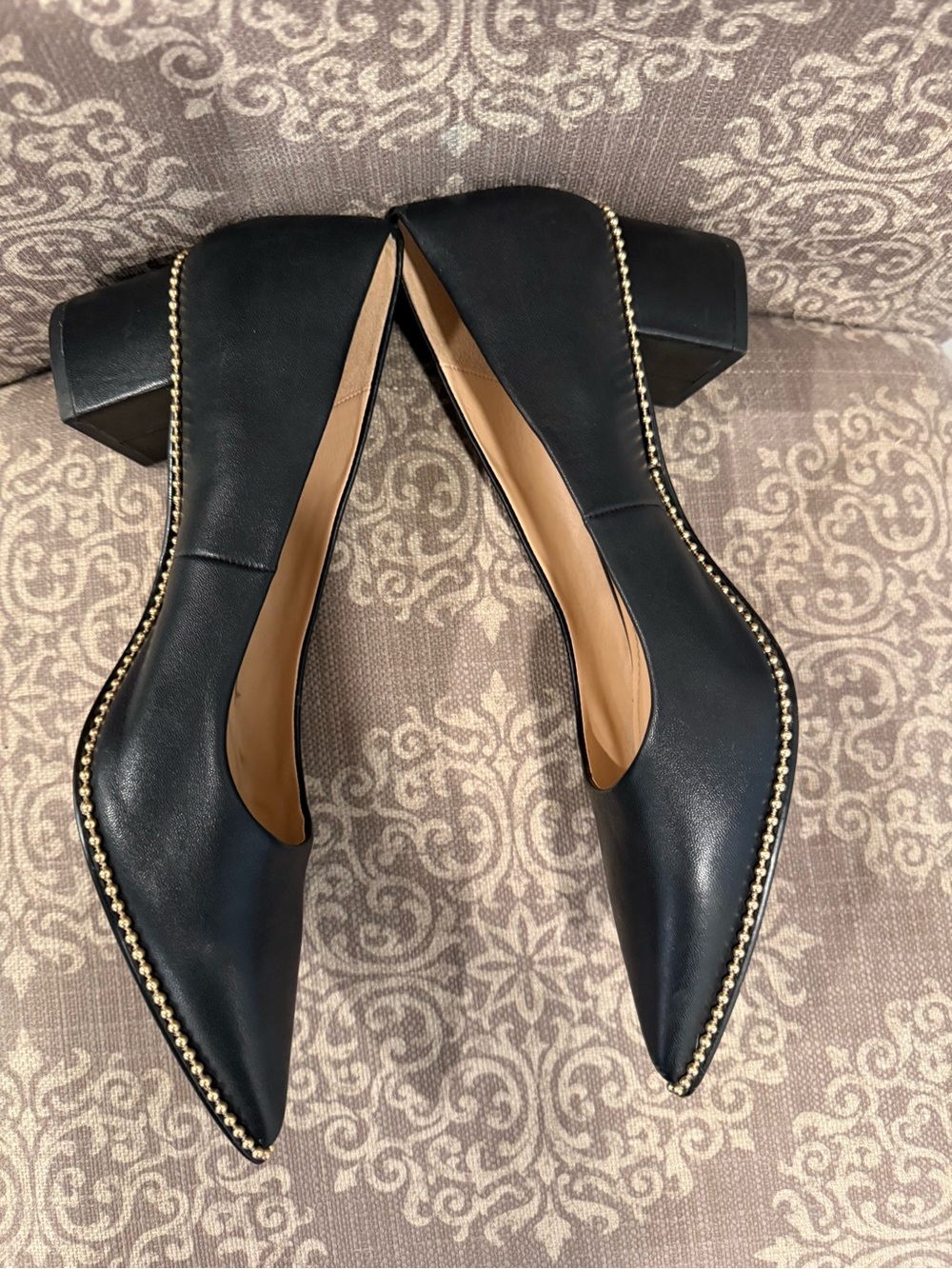 Coach Black Leather Pointed Toe Block Heel Pumps Gold Stud Trim Size 9 - Picture 7 of 10